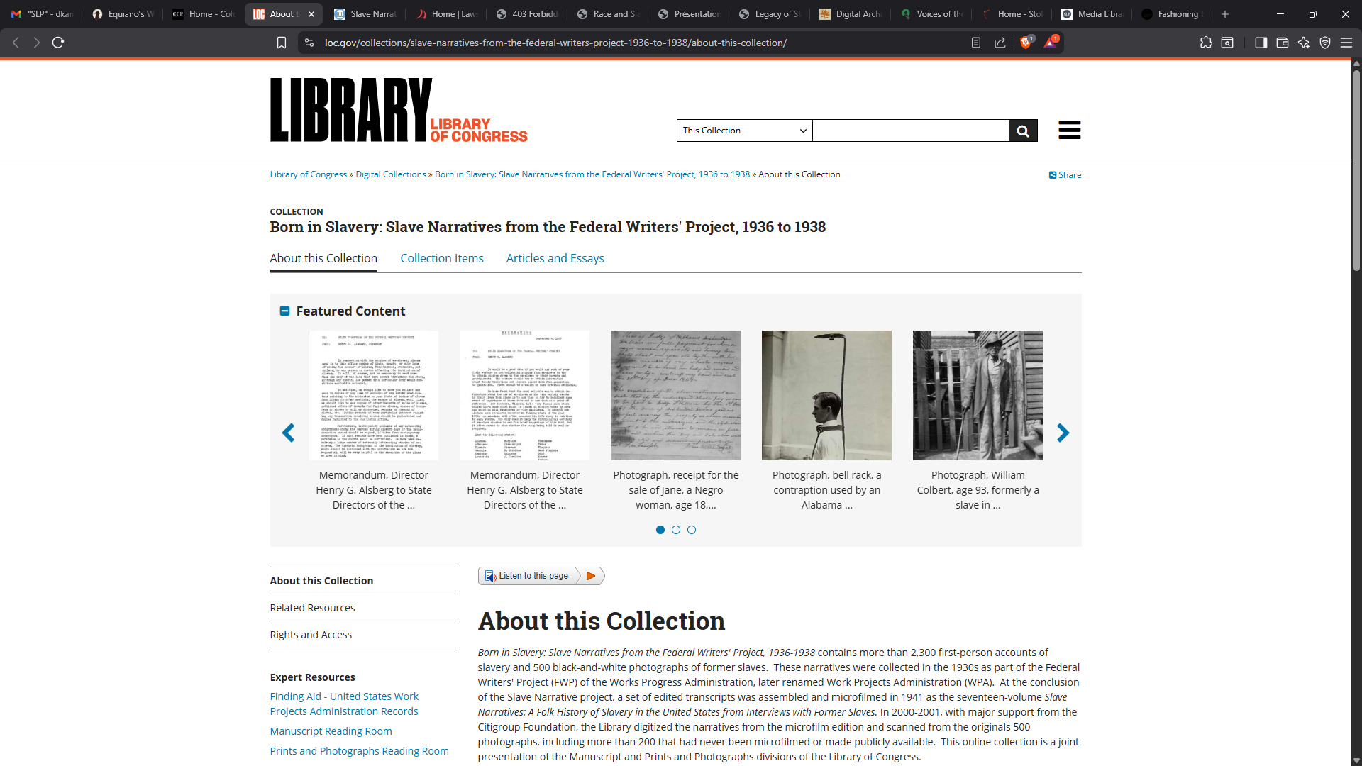 Born in Slavery: Slave Narratives from the Federal Writers’ Project, 1936-1938